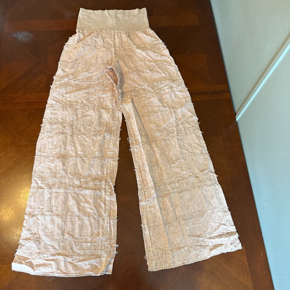 T Party USA Dusty Rose Boho Wide Leg Pants High‎ Waist Raw Edge Crinkle Cotton M
